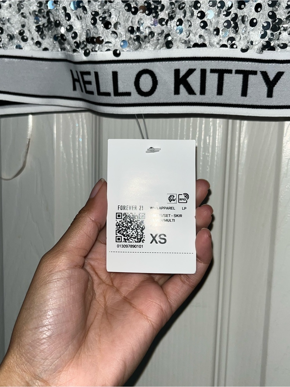 Forever 21 White and Silver Sequin Hello Kitty Crop Top and Skirt - Picture 5 of 6